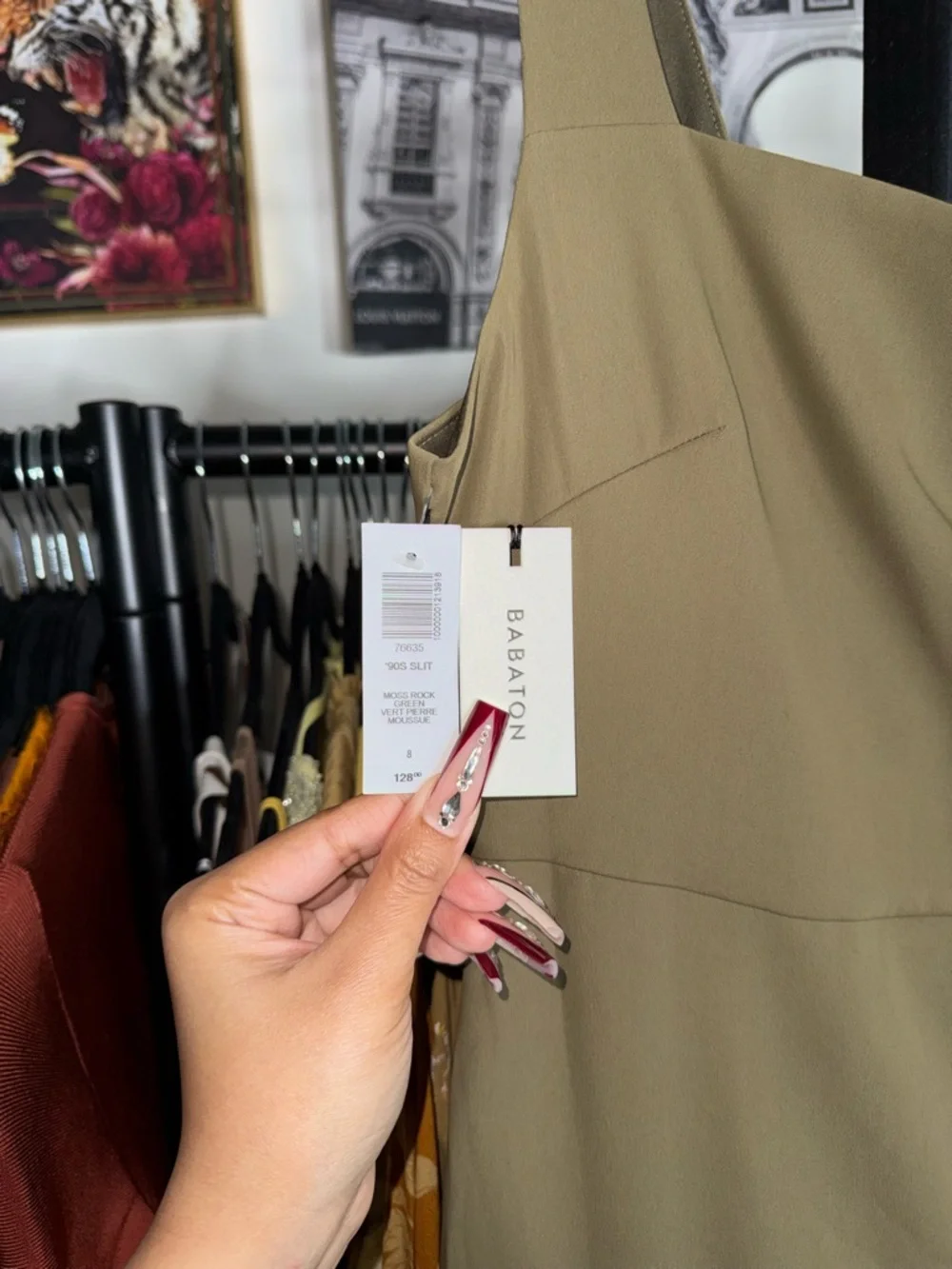 Babaton 90s Slit Satin Midi Dress Olive Green Square Neck Thigh Slit Size 8 New - Picture 5 of 10